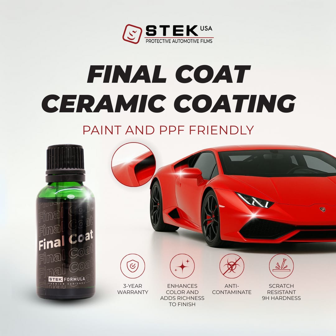 Red Lamborghini Huracán with STEK Final Coat ceramic — marketing card.
