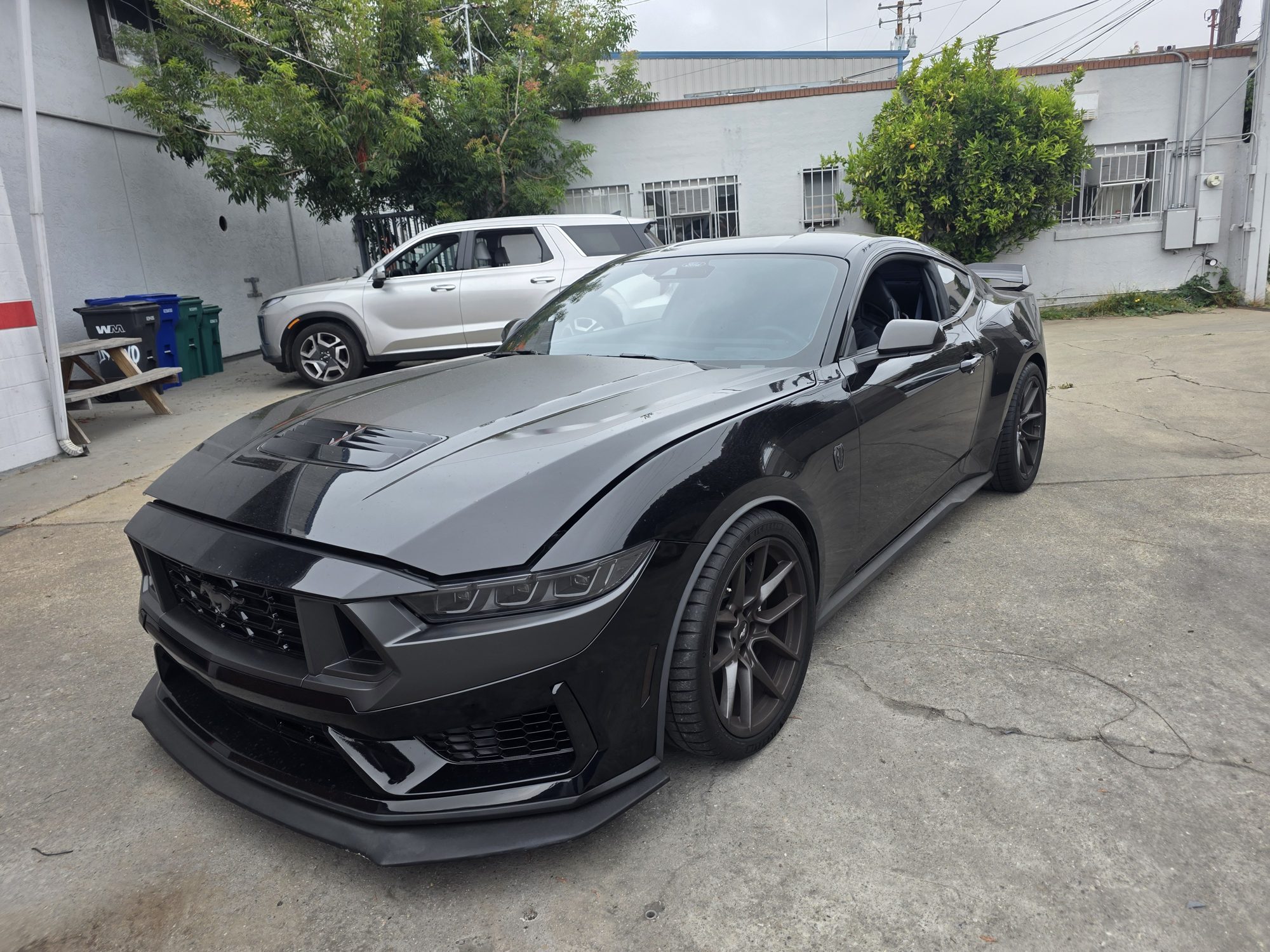 Black Ford Mustang Dark Horse after a P&S STOUT ceramic coating, front three-quarter view outside the Innovo shop in Oakland.