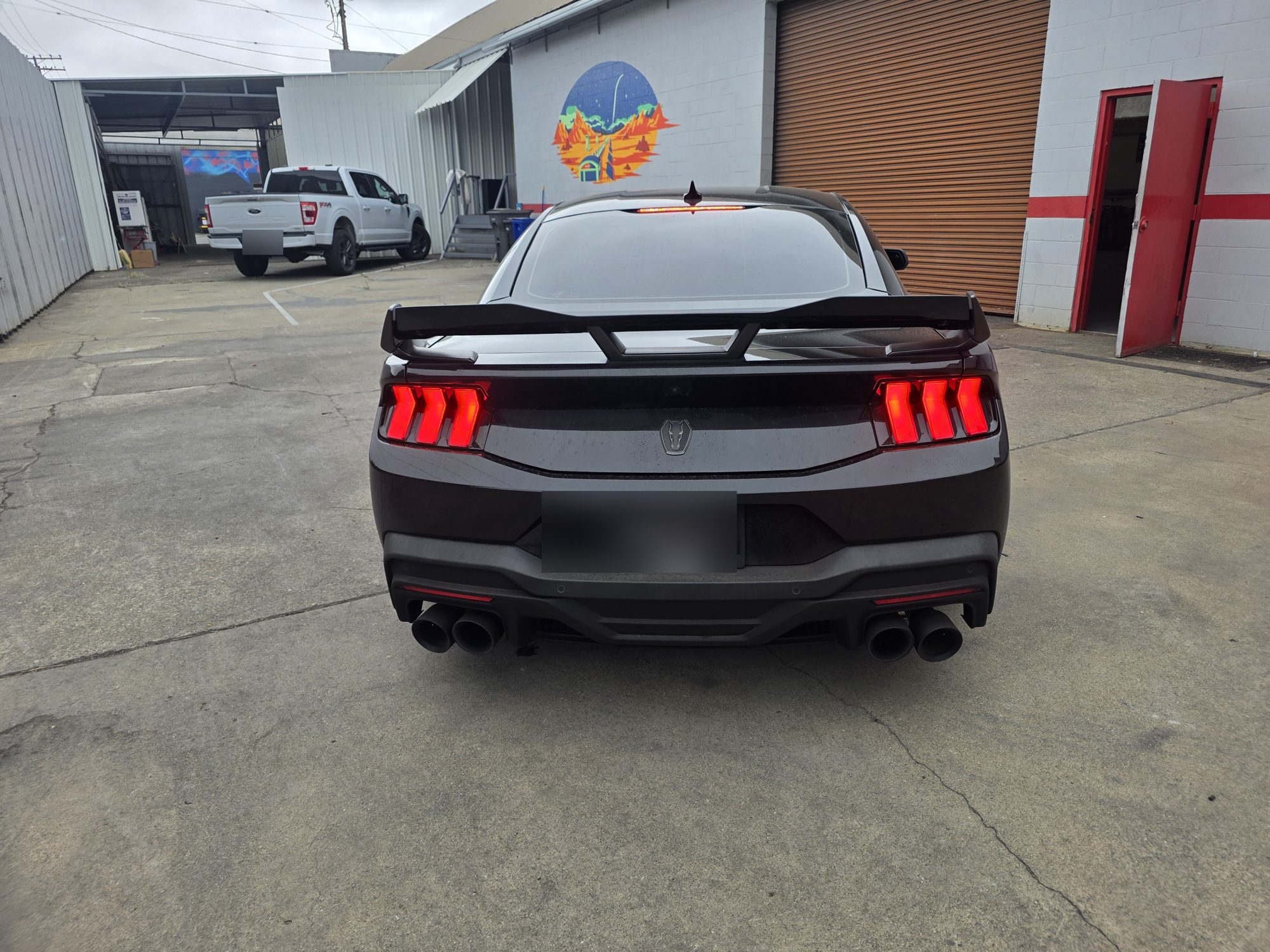 Straight-on rear view of a black Mustang Dark Horse after ceramic coating, quad exhaust and rear wing.
