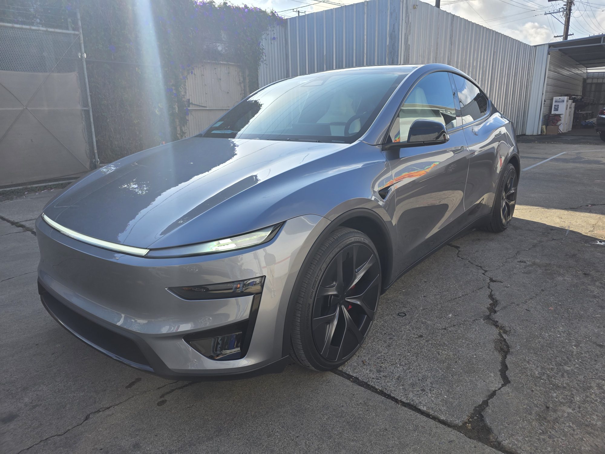 Tesla Model Y front end in direct sun after clear PPF, reflections running unbroken across the hood and fender.